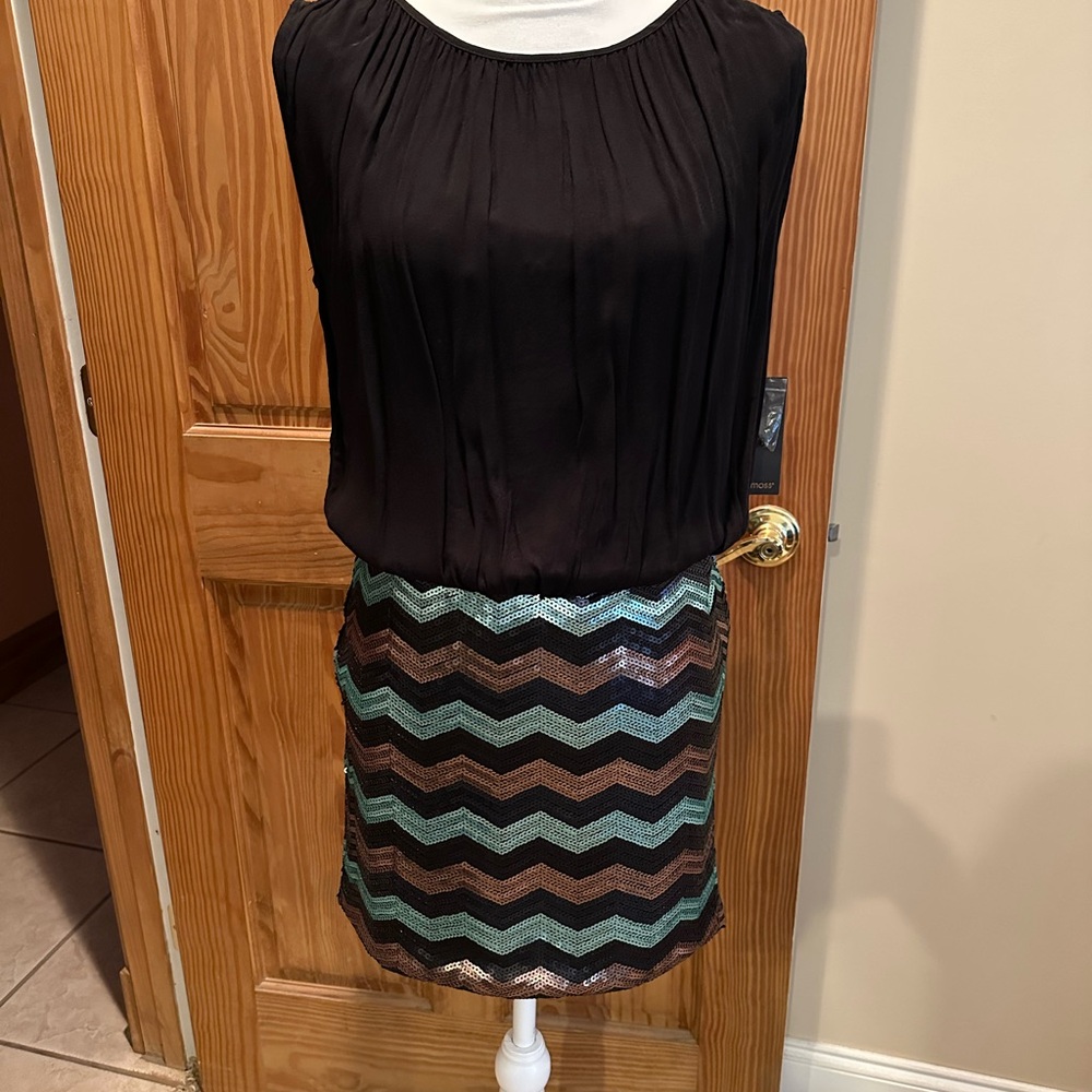 Sequined Chevron Mini Skirt with attached black top  in Black, Teal & Bronze